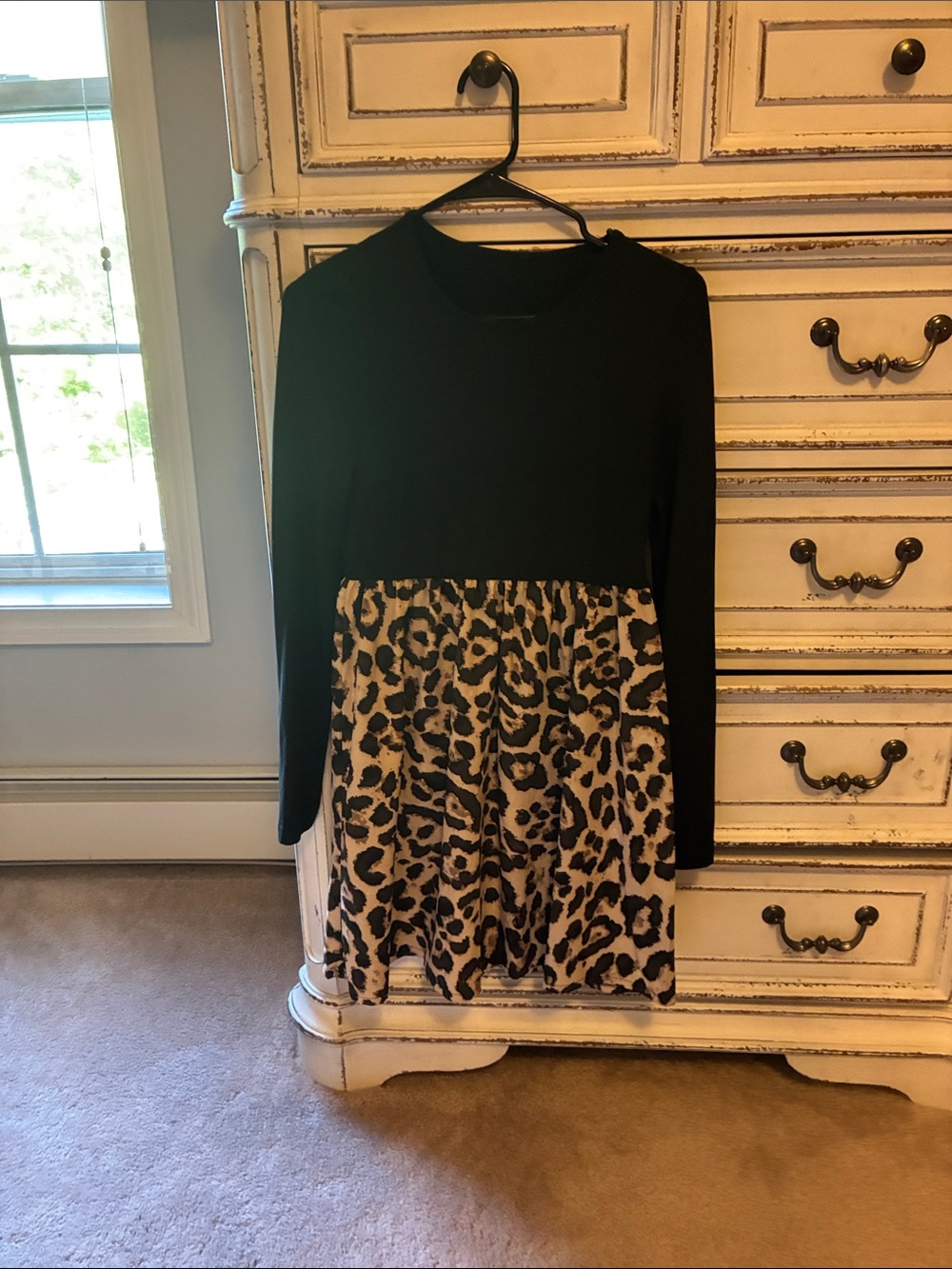 Black Long Sleeve Dress with Leopard Print Skirt